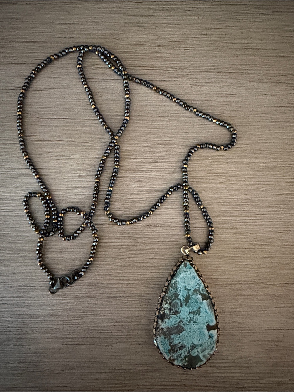 Teardrop Turquoise Pendant Necklace - Black and Gold Beaded Chain